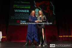 Daphne Caine MHK presenting The Sure Sports Leader of the Year to Caitlyn Hampson. Isle of Man Sports Awards 2025. Photo by Callum Staley (CJS Photography)