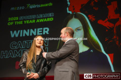 Sure Sports Leader of the Year to Caitlyn Hampson with host Rob Pritchard. Isle of Man Sports Awards 2025. Photo by Callum Staley (CJS Photography)