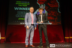 Newfield Under 21 Sportsman of the Year Regan Corrin (Athletics) with host Rob Pritchard. Isle of Man Sports Awards 2025. Photo by Callum Staley (CJS Photography)