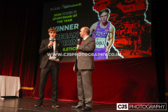 Newfield Under 21 Sportsman of the Year Regan Corrin (Athletics) with host Rob Pritchard. Isle of Man Sports Awards 2025. Photo by Callum Staley (CJS Photography)