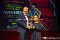 Sienna Dunn’s (Hockey) Mother collecting the Suntera Under 21 Sportswoman of the Year Award on Sienna’s behalf. Isle of Man Sports Awards 2025. Photo by Callum Staley (CJS Photography)