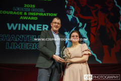 Marcus Cooil presenting the Leonie Cooil “Courage & Inspiration” Award to Chantelle Limerick (Horse Riding). Isle of Man Sports Awards 2025. Photo by Callum Staley (CJS Photography)