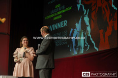 Leonie Cooil “Courage & Inspiration” Award winner Chantelle Limerick (Horse Riding) with host Rob Pritchard. Isle of Man Sports Awards 2025. Photo by Callum Staley (CJS Photography)
