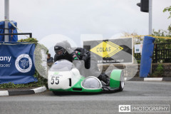 Blackford’s Pre-TT Classic Road Races, Race 4 3 Wheeling Sidecar Classic Race 1. Castletown Corner. Photo by Callum Staley (CJS Photography)