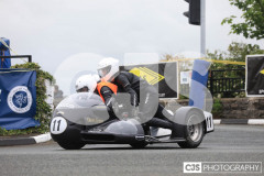Blackford’s Pre-TT Classic Road Races, Race 4 3 Wheeling Sidecar Classic Race 1. Castletown Corner. Photo by Callum Staley (CJS Photography)