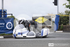 Blackford’s Pre-TT Classic Road Races, Race 4 3 Wheeling Sidecar Classic Race 1. Castletown Corner. Photo by Callum Staley (CJS Photography)