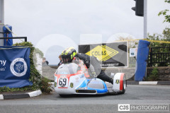 Blackford’s Pre-TT Classic Road Races, Race 4 3 Wheeling Sidecar Classic Race 1. Castletown Corner. Photo by Callum Staley (CJS Photography)