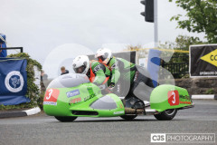 Blackford’s Pre-TT Classic Road Races, Race 4 3 Wheeling Sidecar Classic Race 1. Castletown Corner. Photo by Callum Staley (CJS Photography)