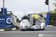 Blackford’s Pre-TT Classic Road Races, Race 4 3 Wheeling Sidecar Classic Race 1. Castletown Corner. Photo by Callum Staley (CJS Photography)