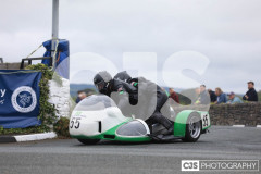 Blackford’s Pre-TT Classic Road Races, Race 4 3 Wheeling Sidecar Classic Race 1. Castletown Corner. Photo by Callum Staley (CJS Photography)
