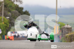 Blackford’s Pre-TT Classic Road Races, Race 4 3 Wheeling Sidecar Classic Race 1. Castletown Corner. Photo by Callum Staley (CJS Photography)