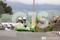 Blackford’s Pre-TT Classic Road Races, Race 4 3 Wheeling Sidecar Classic Race 1. Castletown Corner. Photo by Callum Staley (CJS Photography)
