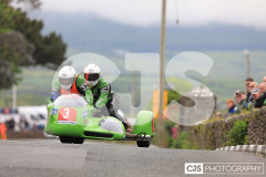Blackford’s Pre-TT Classic Road Races, Race 4 3 Wheeling Sidecar Classic Race 1. Castletown Corner. Photo by Callum Staley (CJS Photography)