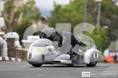 Blackford’s Pre-TT Classic Road Races, Race 4 3 Wheeling Sidecar Classic Race 1. Castletown Corner. Photo by Callum Staley (CJS Photography)