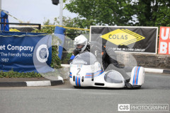 Blackford’s Pre-TT Classic Road Races, Race 9 3 Wheeling Sidecar Classic Race 2. Castletown Corner. Photo by Callum Staley (CJS Photography)